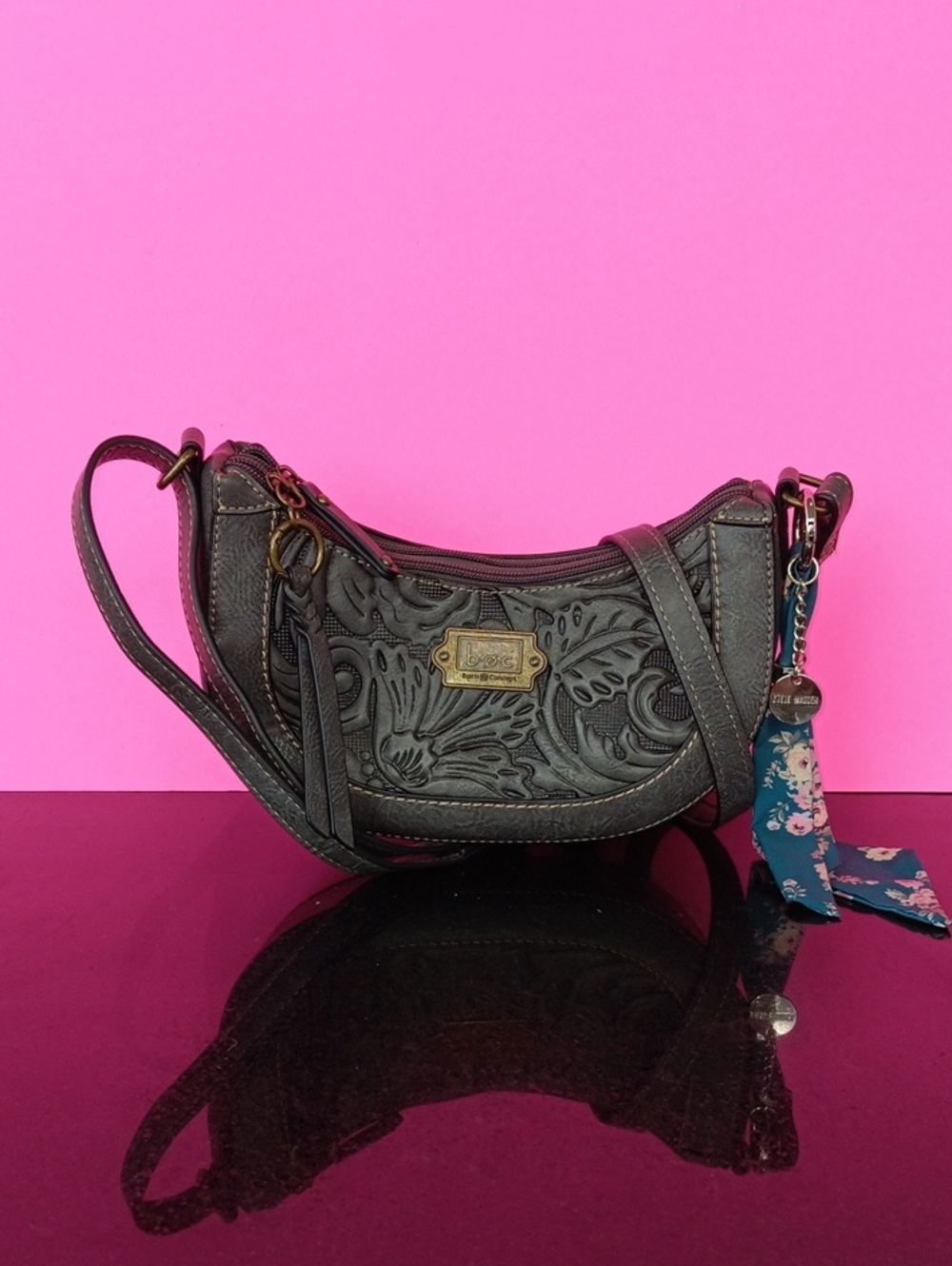 Boc  Charcoal Embossed Leather Crossbody with Floral Scarf Charm Size9.5+6+4.5